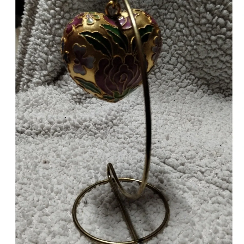 Cloisonne Enamel Heart Ornament Floral Design with Metal Display Stand‎